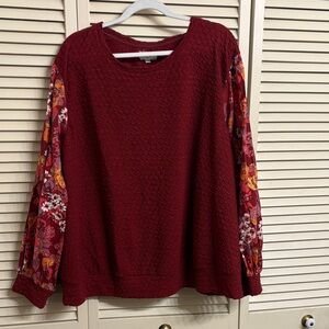 Red Textured Top with Floral Sleeves